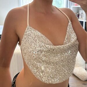 12th Tribe Sparkling Sequin Crop Top in Cream